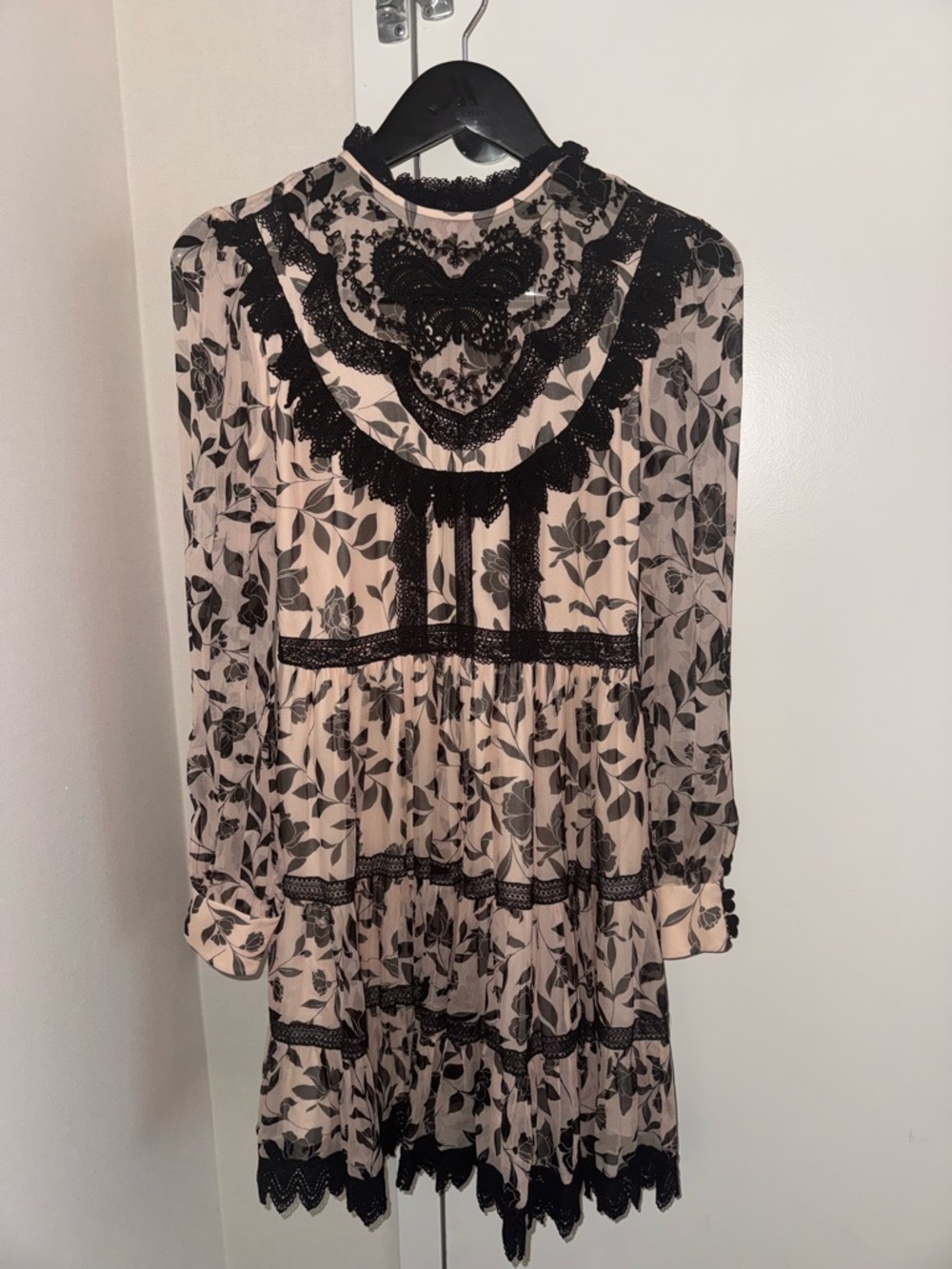 kate spade Pink and Black Lace-Trim Sheer Floral Mini Dress